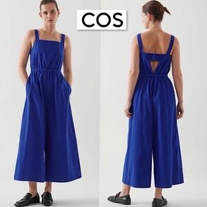 COS Wide Leg Jumpsuit in Brigh Blue Size 4 Smocked Cutout Back Sleeveless Retro